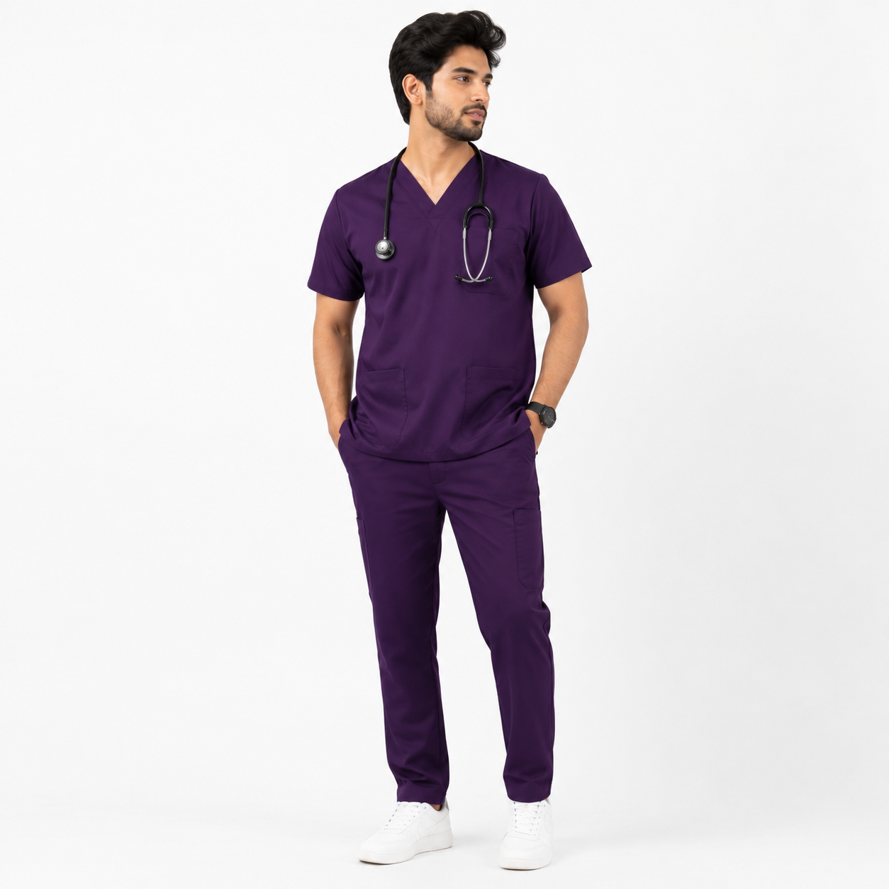 Premium Dark Purple Medical Scrub Suit for Men – Soft Stretch V-Neck Hospital Uniform