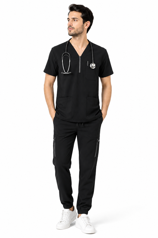 Premium Jet Black Medical Scrubs Set for Men - Ultra-Soft & High-Stretch Uniform