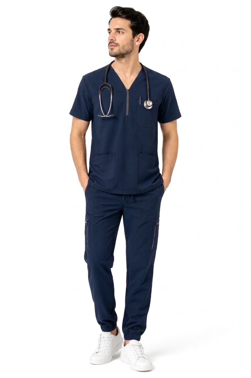 Premium Jet Black Medical Scrubs Set for Men - Ultra-Soft & High-Stretch Uniform
