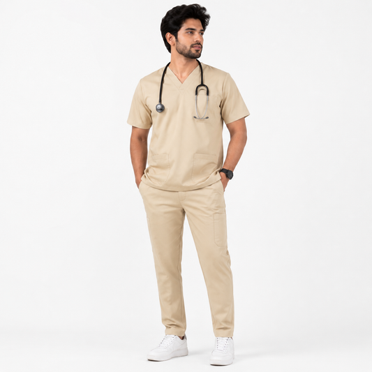 Premium Beige Sand Medical Scrub Suit for Men – Soft Stretch V-Neck Hospital Uniform